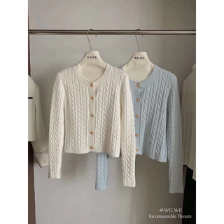 [ Room90 ] Áo len cardigan vặn thừng cổ tròn dài tay khuy kim loại 6469