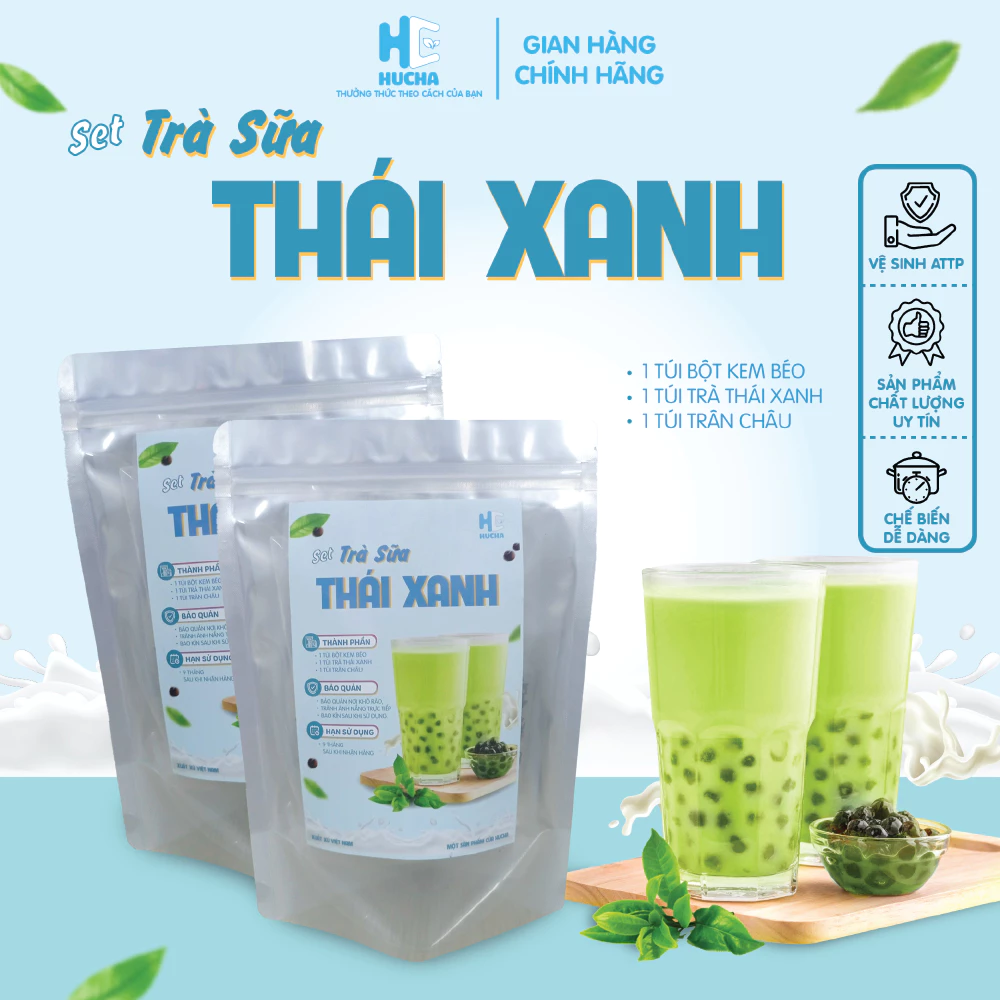 Sét trà sữa thái xanh trân châu đen siêu ngon đậm vị 10 15ly-sét nguyên liệu Hucha
