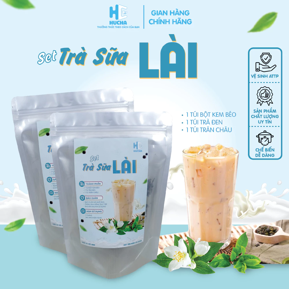 Sét nguyên liệu pha trà sữa LÀI trân châu đen siêu ngon đậm vị 8-10ly, sét nguyên liệu Hucha