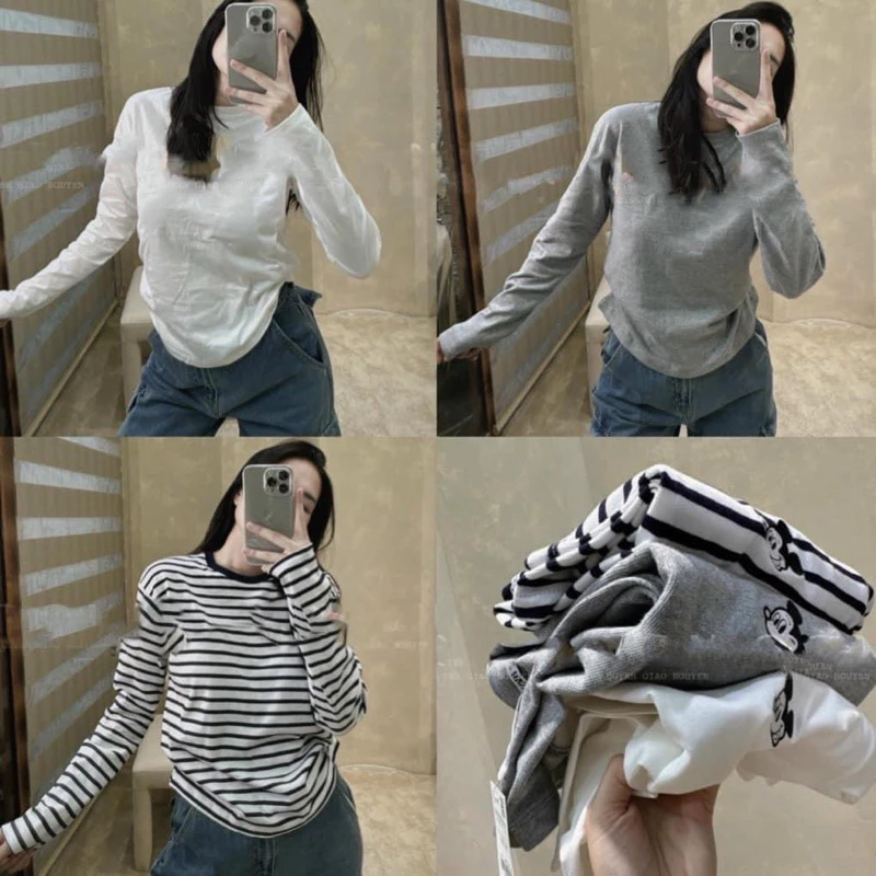 Áo thun zip dài tay thêu chuột mickey hàng dày dặn co dãn 4 chiều phom thoải mái 3 màu trắng ghi kẻ năng động
