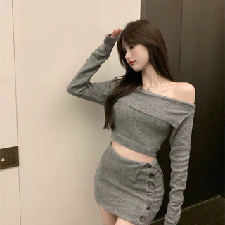 Set len trễ vai áo tay dài trễ vai+ chân váy khuy cài phong cách sexy màu xám hàng qccc yame clothing