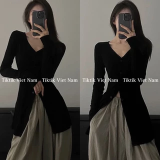 (sẵn) Áo dài tay cardigan mỏng cổ V màu đen chất liệu thun tăm mùa thu đông thời trang nữ - Tiktik