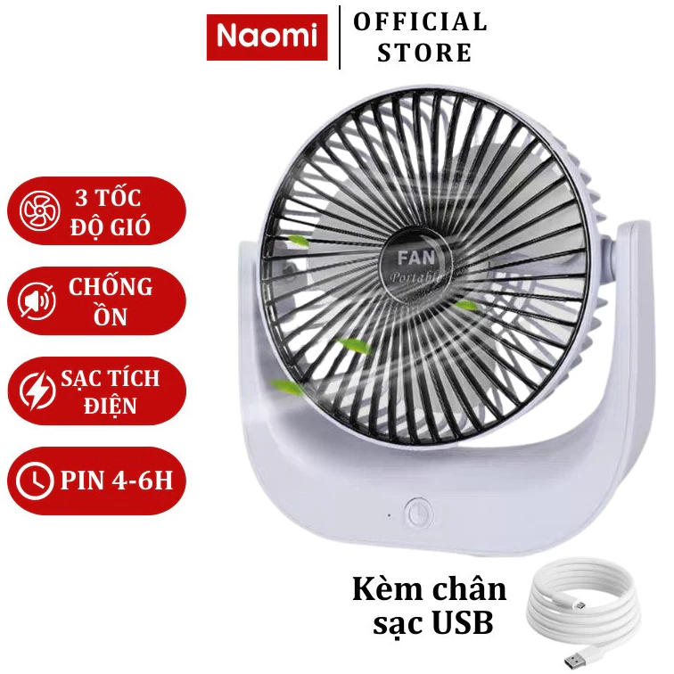 Quạt Tích Điện Naomi Mini Cầm Tay Để Bàn Dung Lượng Pin Lớn Chân Sạc USB Tiện Dụng