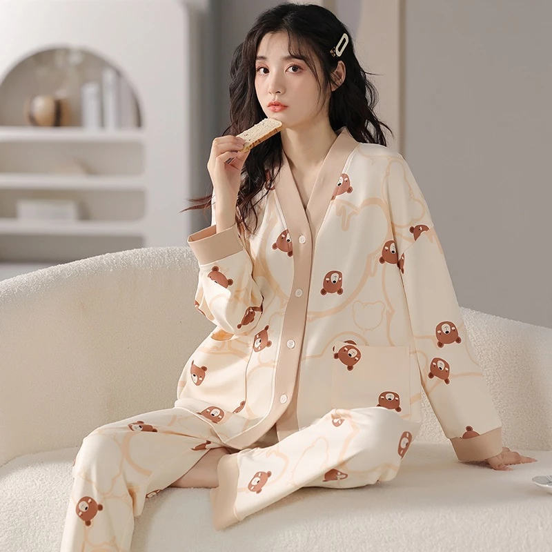 Bộ dài tay mặc nhà cho nữ, bộ ngủ pyjama dài tay cotton mềm mịn, cổ V, họa tiết trẻ trung size từ 40 đến 80kg