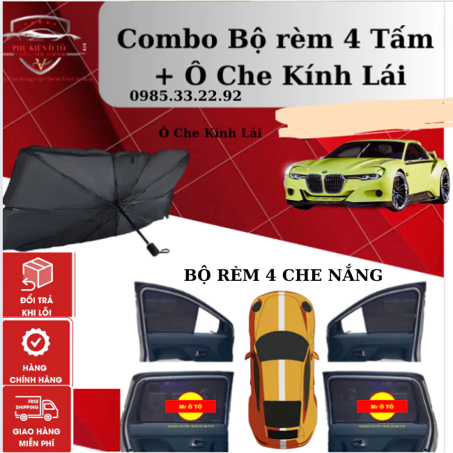 COMBO BỘ RÈM 4 CÁNH CỬA CHO CÁC DÒNG XE + Ô CHE KÍNH LÁI LOẠI XỊN TITAN