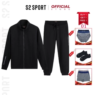 Bộ quần áo nỉ zip nam S2 SPORT SBNF06 áo sweater cổ tròn dài tay cotton USA thêu hình nổi quần jogger cạp chun thể thao