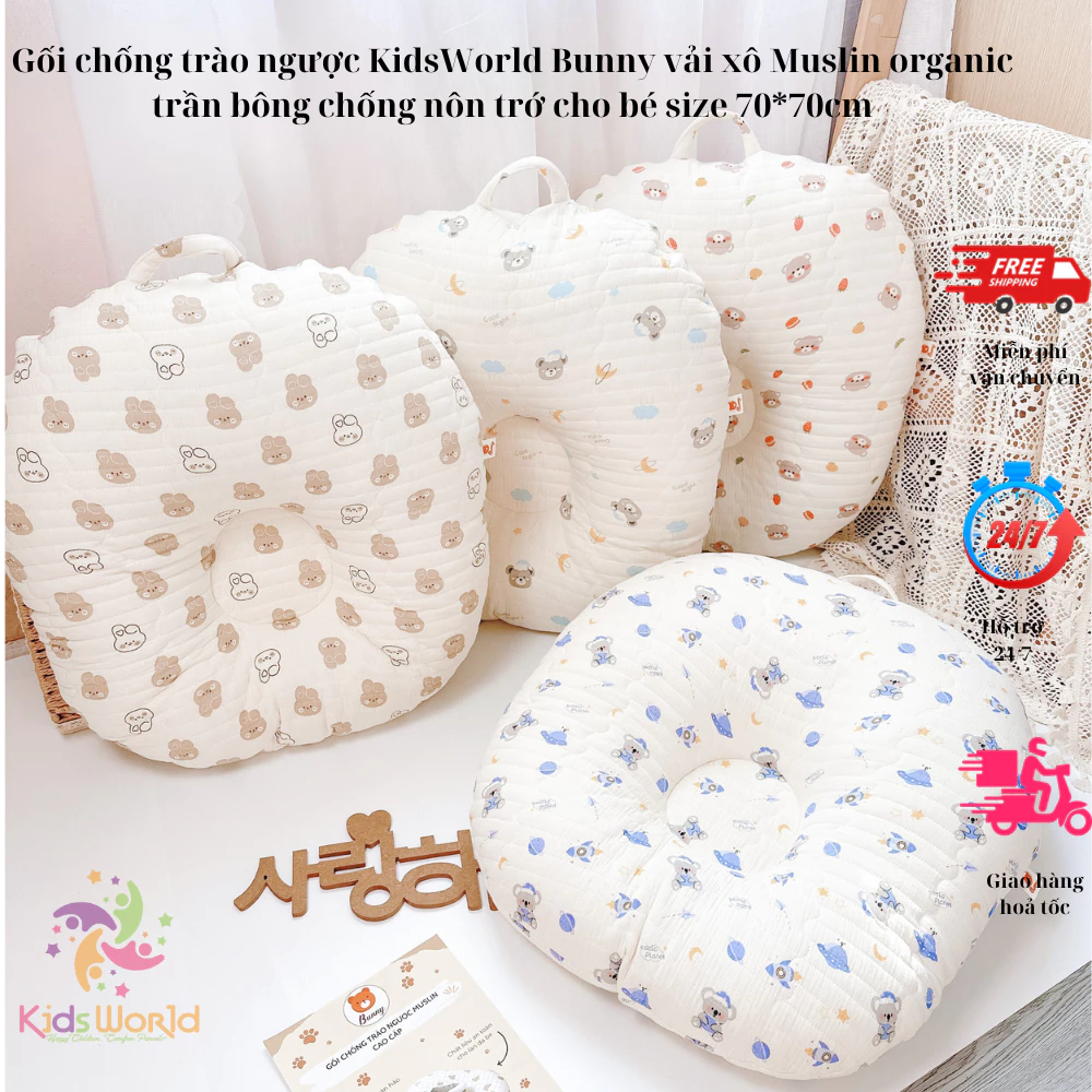 Gối chống trào ngược KidsWorld Bunny vải xô Muslin organic trần bông chống nôn trớ cho bé size 70*70cm