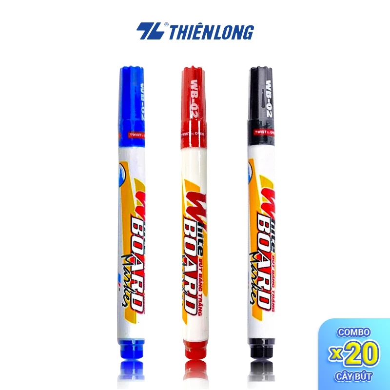 Combo 5/10/20 Bút lông bảng Thiên Long WB-02 với đầu bút 1.1mm, 3 màu mực - Xanh/ Đỏ/ Đen - Mực  xoá dễ dàng