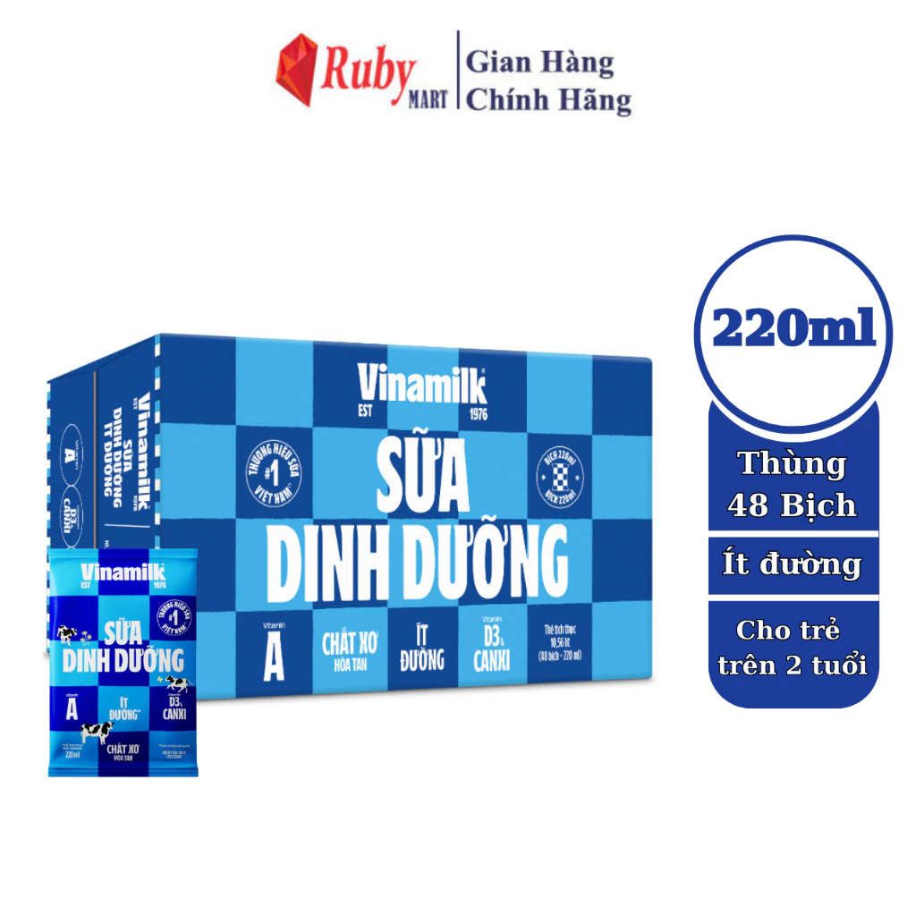 Thùng 48 Bịch Sữa Dinh Dưỡng Vinamilk ít đường 220ml