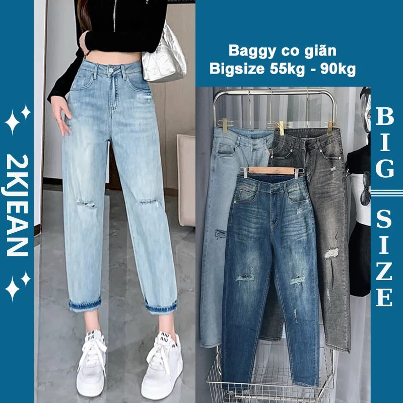 Quần Baggy jean nữ Rách co giãn bigsize 55kg-90kg hàng VNXK thời trang bigsize 2KJean