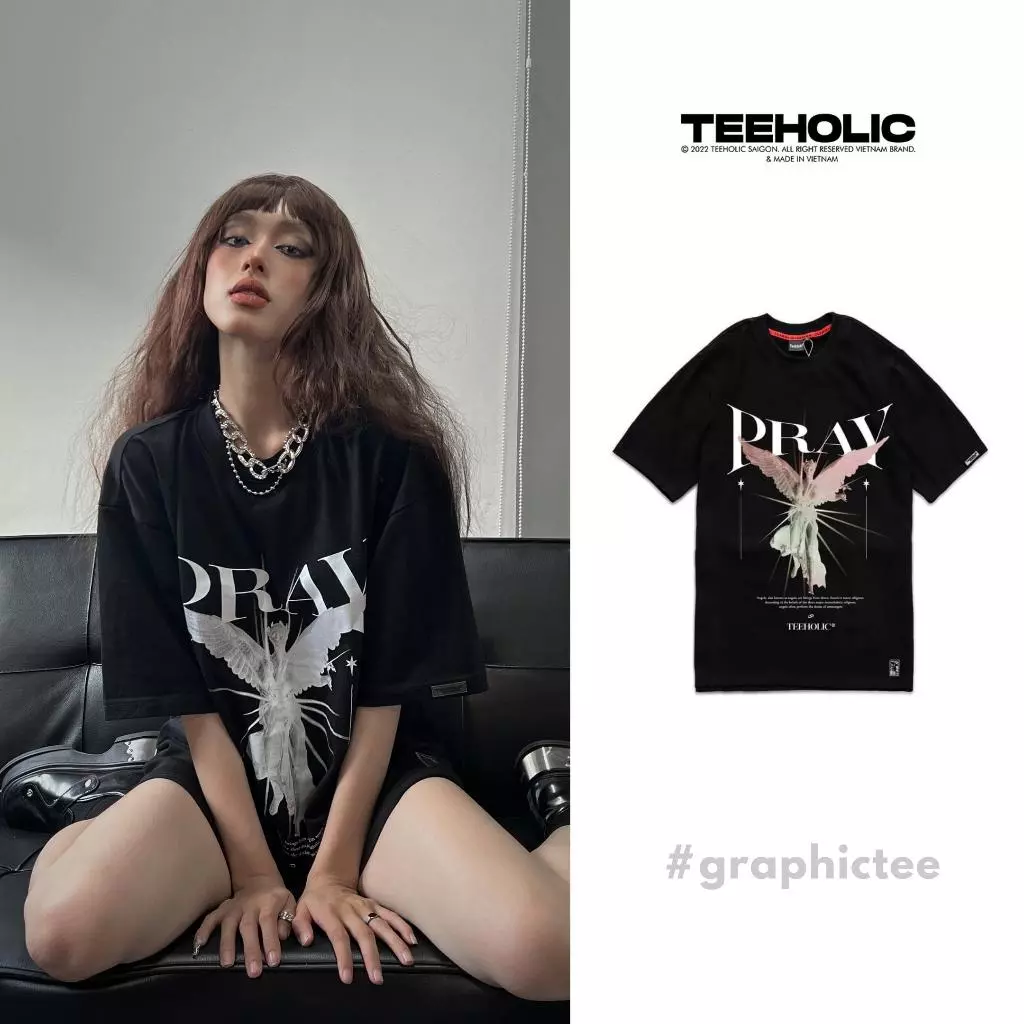 Áo thun unisex thiên thần cho nam nữ local brand màu đen TeeHolic - THS