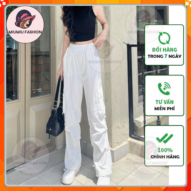 Quần Túi Hôp Nữ Rút Eo Ống Rộng Chất KaKi Loại Đẹp, Quần Jogger Bo Rút Gấu Màu Trắng - M014