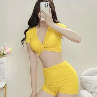 Đồ Bơi Nữ Bikini LANBISHOP 2 Mảnh Quần Đùi Cạp Cao Aó Crop Xoắn Ngực LANBI-005