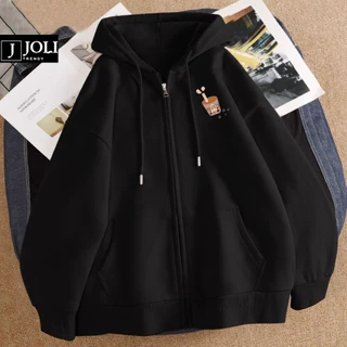 Áo Hoodie Zip, Áo Khoác Nam Nữ Unisex By JOLI Mã Happy Chất Nỉ Bông Form Rộng Mũ 2 Lớp