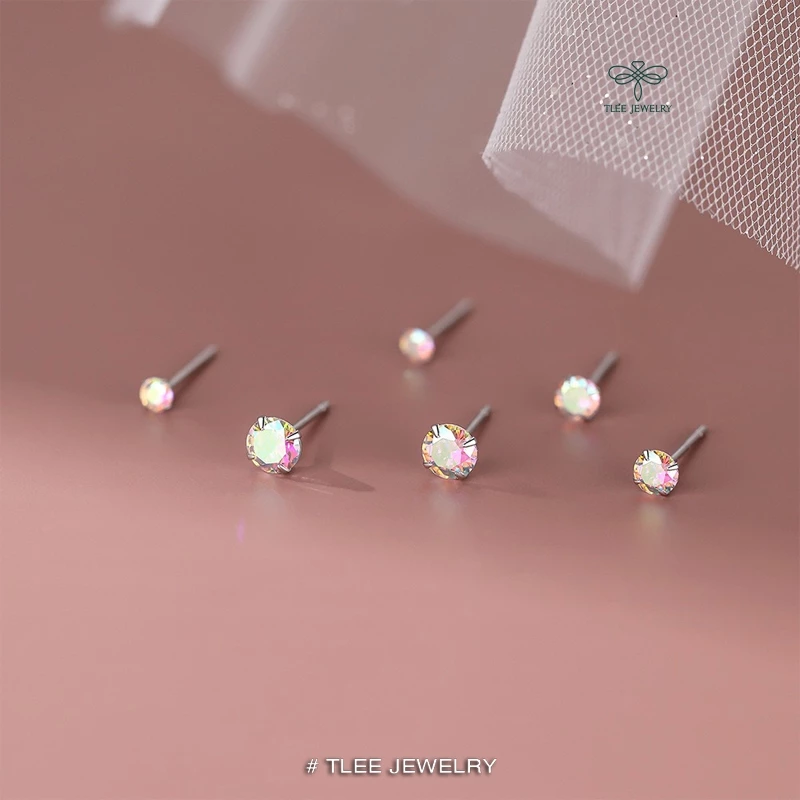 Khuyên tai bạc nữ TLEE, bông tai nụ đá nhiều size màu sắc lấp lánh đáng yêu TLEE JEWELRY B0401