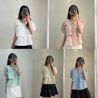 Áo sơ mi croptop, Áo sơ mi croptop cổ sen dáng lửng xếp tầng vải gân màu pastel xinh xắn AAG99 AO017