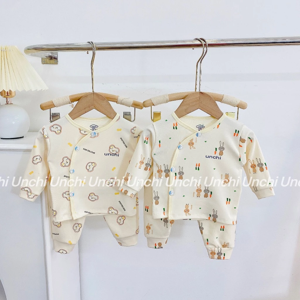 Bộ dài tay sơ sinh Unchi vải nỉ cotton size 3-9kg