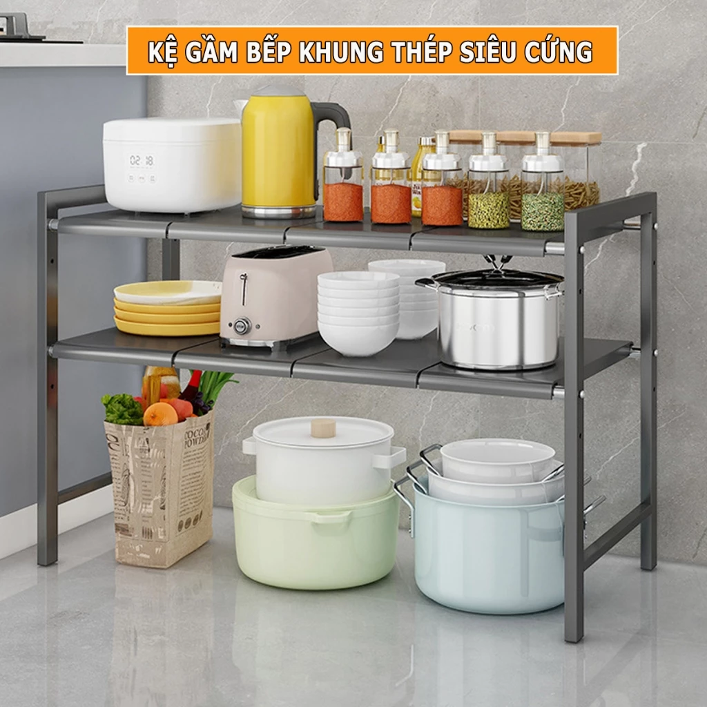 Kệ Bếp Để Xoong Nồi Chảo Dưới Gầm Bồn Rửa Khung Inox, Kệ Để Đồ Nhà Bếp Đa Năng Thay Đổi Kích Thước Ngang Dễ Dàng MKS034