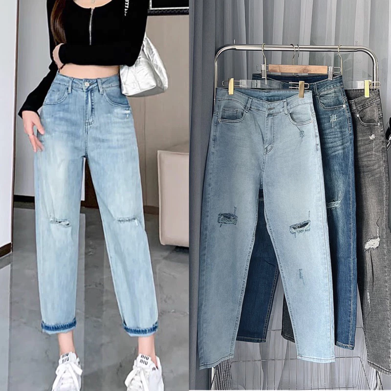 Quần Baggy Jean Nữ Co Giãn Bigsize Lưng Cao Rách Kiểu Chất Đẹp Có 3 Màu Ms336