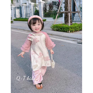 Set Áo dài cách tân sen hồng pastel cho bé gái