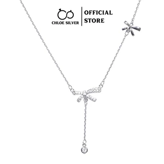 Dây chuyền bạc nữ S925 CHLOE SILVER thiết kế hình 2 chiếc nơ kèm tua rua đính đá cực tiểu thư và sang chảnh-VC10