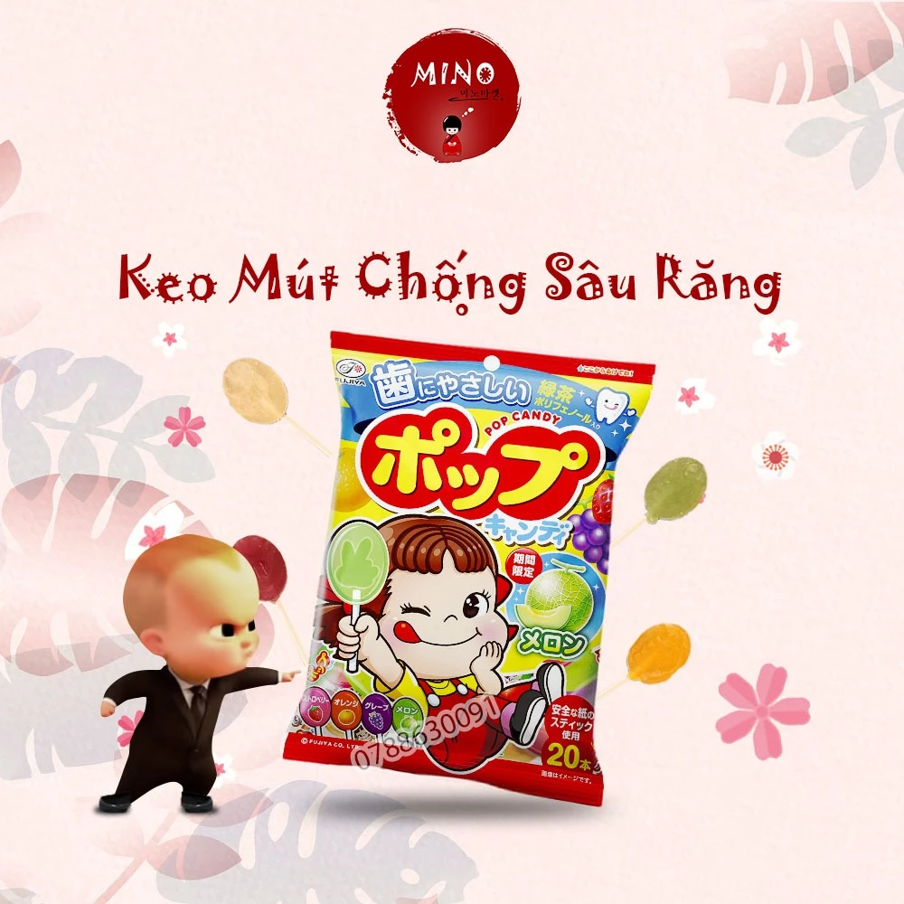 Kẹo mút chống sâu răng Fujiya 122g hình bé gái (21 cây - 4 vị). Dành cho bé từ 1 tuổi