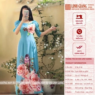 ÁO DÀI IN HOA HỒNG_ CỔ VUÔNG TAY BỒNG