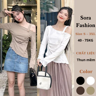 Áo Kiểu Nữ Dài Tay Dúm Eo Sora Fashion,Áo Trễ Vai Dài Tay Chất Liệu Thun Tăm 112