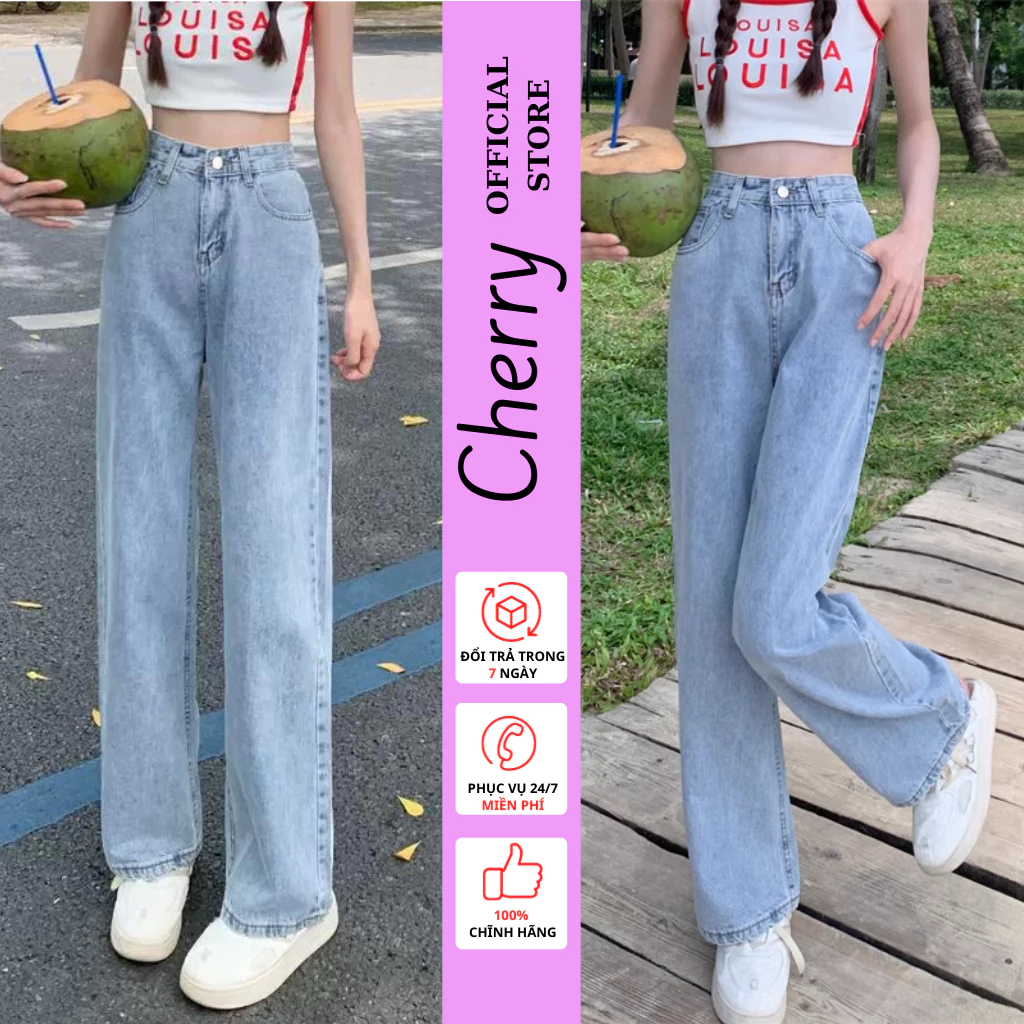 Quần jean nữ ống rộng CHERRY cạp cao dáng suông, quần bò nữ baggy ống đứng chất denim xịn phong cách Hàn Quốc T007