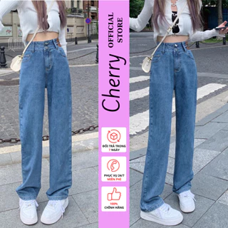 Quần jean nữ ống rộng cạp cao 2 cúc CHERRY dáng xuông trơn đứng đẹp, chất bò xịn cao cấp thời trang Hàn Quốc T070