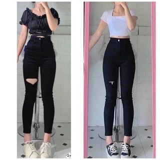 [Bigsize 32-36]Quần Jean Nữ Skinny Đen Rách Lai Cuốn. Cạp Siêu Cao Siêu Co Giãn