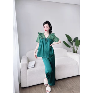 Bộ mặc nhà, đồ ngủ Pijama nữ tiểu thư phối tơ ánh kim tay ngắn quần dài Size 2XL từ 50-70kg. Chất liệu latin cao cấp.