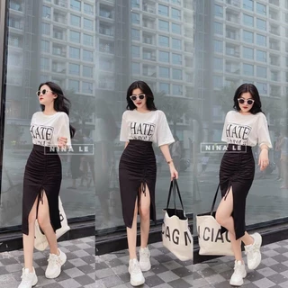 Set váy đi chơi xẻ à rút dây xinh kèm áo thun cotton su in hình