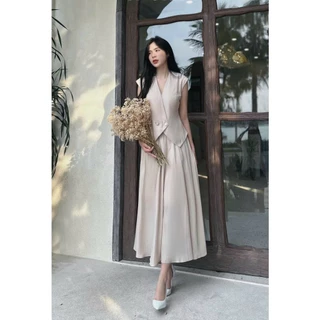 Set chân váy áo gile đầm xòe áo giả vest công sở kín đáo sang trọng KN Boutique