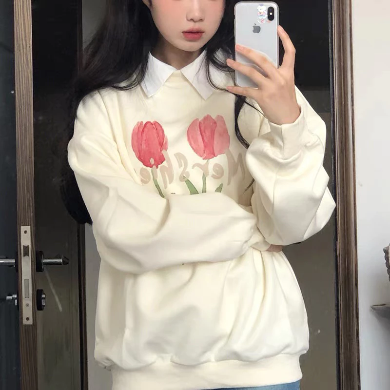 set áo sweater nỉ dài tay cổ tròn kèm áo sơ mi in hoa tulip shier dễ thương