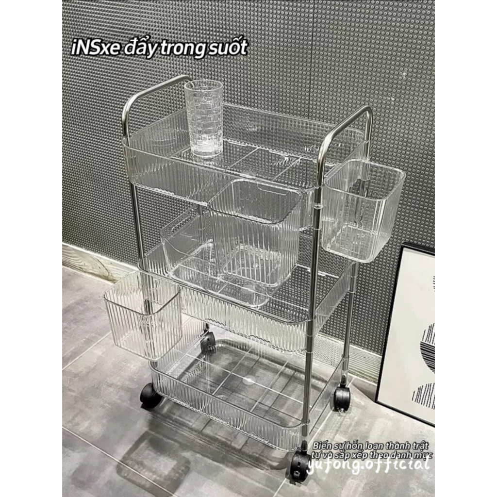 Kệ Để Đồ Trong Suốt Nhiều Tầng Đa Năng Có Bánh Xe, Xe Đẩy Spa , Phòng Bếp, Phòng Tắm Có Lỗ Thoát Nước ( Tặng kèm ống )
