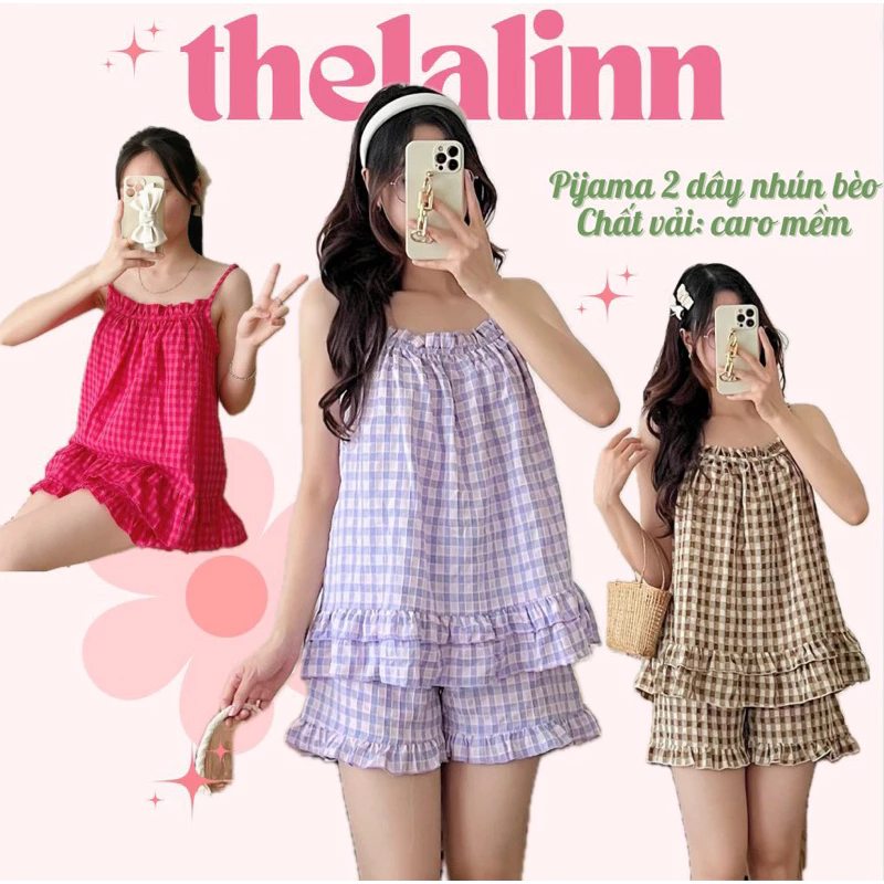 [ ẢNH THẬT ] Pijama 2 dây fen caro thô mềm ngực nhún bèo xinh xắn. Bộ ngủ nữ 2 dây caro pastel