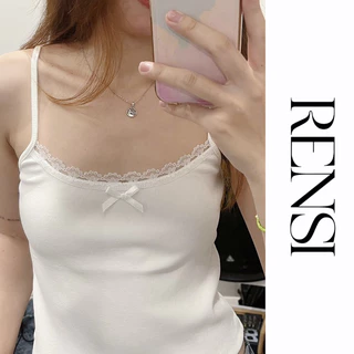 Áo 2 dây viền ren RENSI croptop hai dây chất thun gân dày dặn có đính nơ màu trắng A05