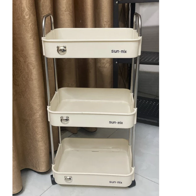 Kệ đựng đồ đa năng 3 tầng Sunmix khay nhựa cao cấp , kệ đựng đồ nhà bếp có bánh xe di chuyển (Loại To)
