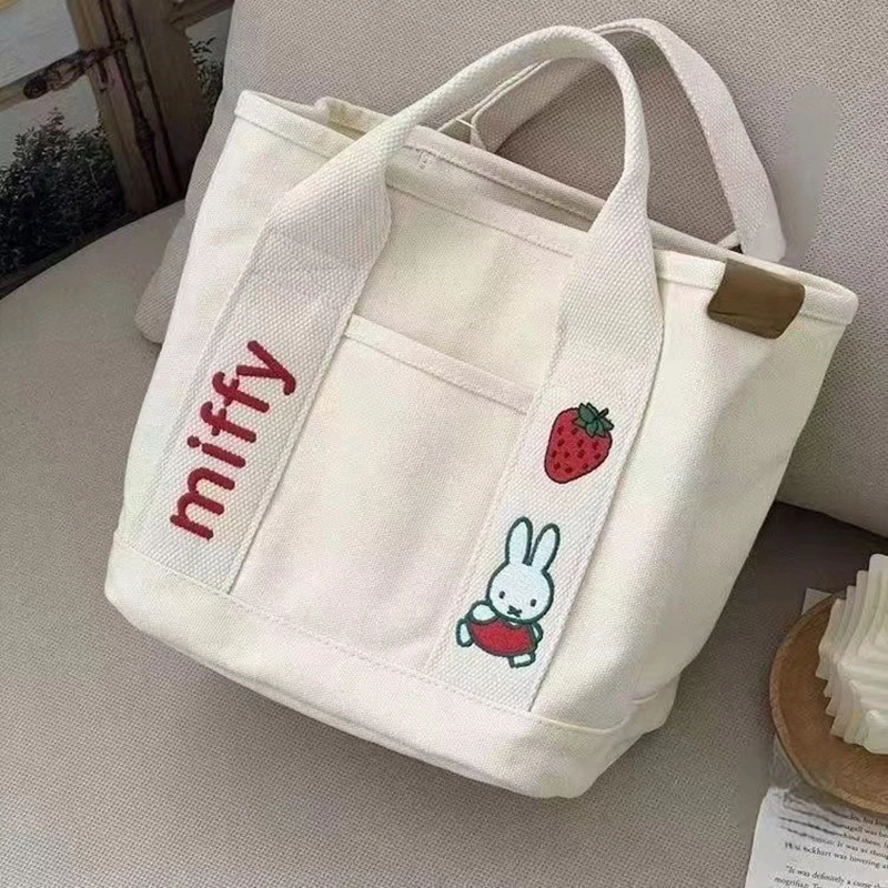 Túi tote Vải canvas 21*17.5*22CM Thêu Hình Thỏ Dâu Tây Dễ Thương Thời Trang Cho túi ăn trưa nhân viên văn phòng