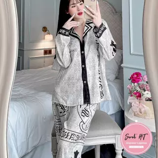 Bộ Lụa Mặc Nhà, Pyjama ( Full size 40-75kg) Charm Ghi Lụa Xước Ống Rộng K Túi