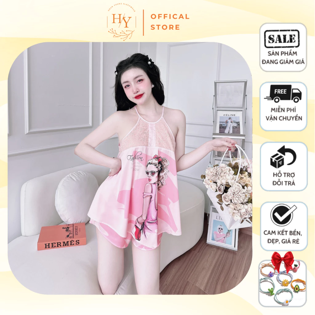 Yếm Ngủ Nữ Sexy HEUN YOUNG Đồ Ngủ 2 Dây, Đồ Bộ Nữ Mặc Nhà Lụa Latin In 3D Freesize <65kg HY003