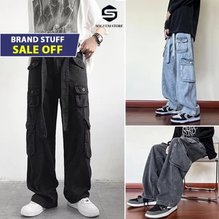 Quần jean nam nữ ống rộng suông 8 túi hộp đai to Hiphop ống rộng cạp cao cargo pants Sogeum store