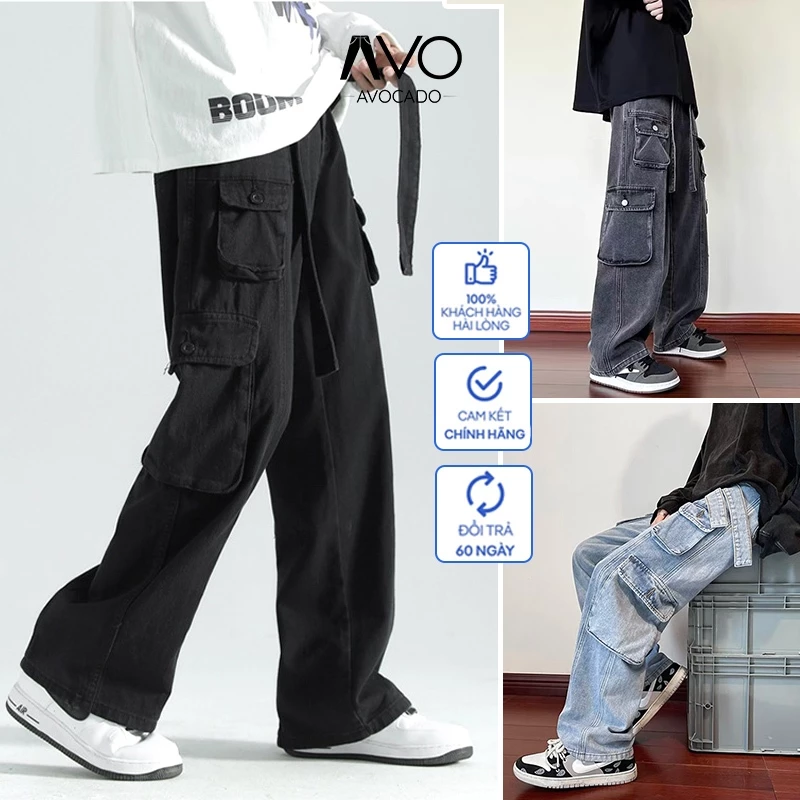 Quần jean nam nữ 8 túi hộp đai to Hiphop ống rộng xuông dài cargo pants Avocado