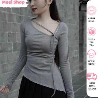 Áo kiểu nữ vạt chéo tay dài cổ xéo cột dây Meei Shop, Áo tay dài nữ chất thun gân dày dặn ôm body tôn dáng -A252-