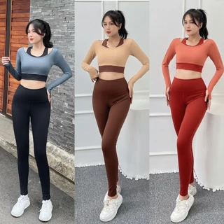 Bộ tập gym yoga nữ dài tay phối màu set tập gym nữ mùa đông quần dài áo croptop tay dài co kèm sẵn mút- (D07)