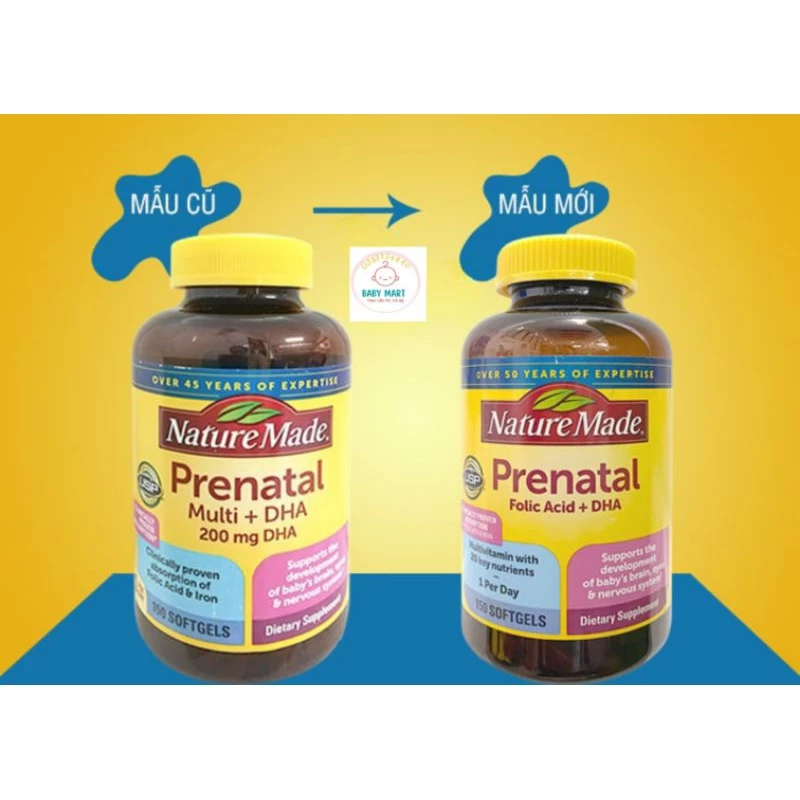 Vitamin Tổng Hợp Prenatal Folic Acid + DHA Nature Made 150 viên cho phụ nữ, mẹ bầu (bầu mỹ)