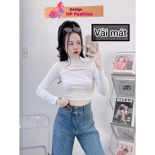 Áo croptop xẻ ngực tay dài cổ lọ ôm body Hp Fashiontrend, Áo nữ kiểu thun co giãn màu đen trắng tôn dáng mùa đông G559