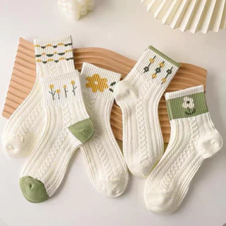 Set 5 Đôi Tất Nữ Hoa Gân Cổ Cao Tông Trắng Phong Cách Hàn Quốc Softie tt32