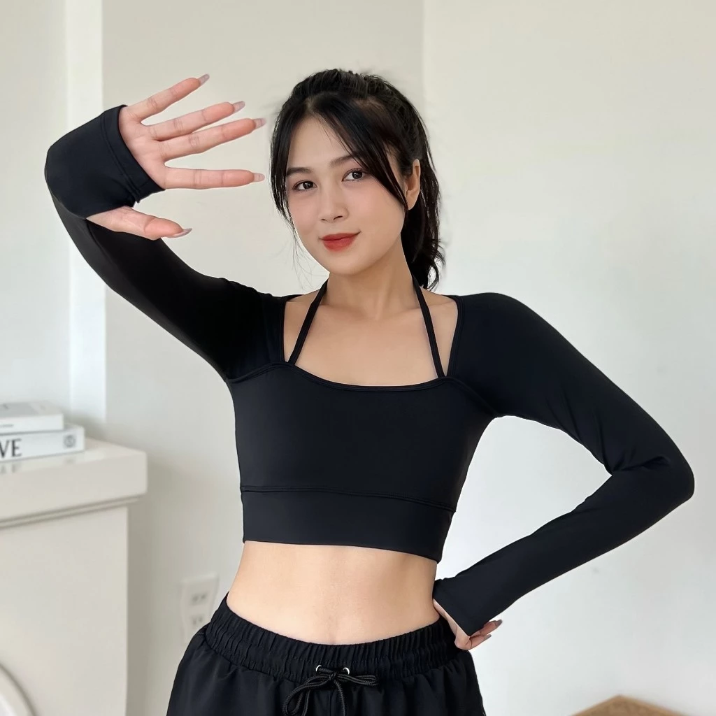 Áo Tập Gym Yoga Pickleball Nữ Tay Dài, Áo Croptop Thể Thao Nữ Tay Dài Có Xỏ Ngón Kèm Mút Chất Thun Poly 2 Da-(Ao18)